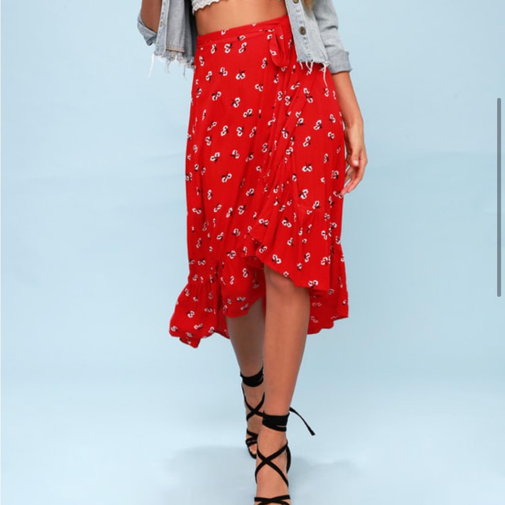 Billabong red floral wrap midi skirt